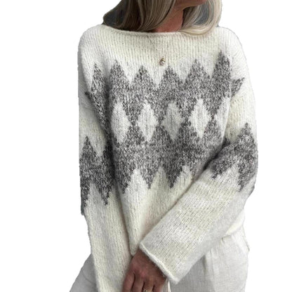 Casual One-Shoulder Pullover Sweater with Color Block Diamond Pattern Knitted Top