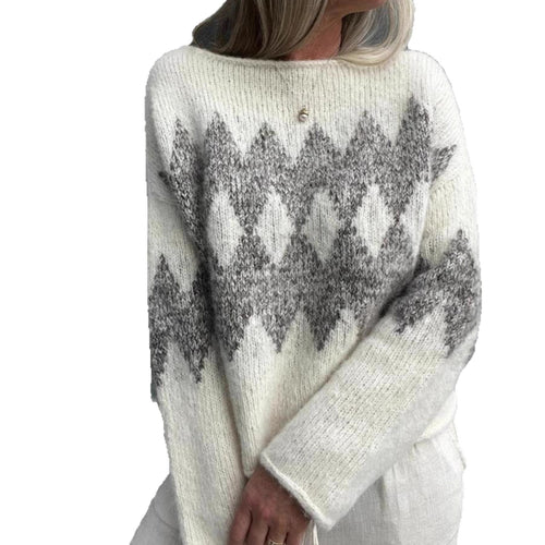 Casual One-Shoulder Pullover Sweater with Color Block Diamond Pattern Knitted Top