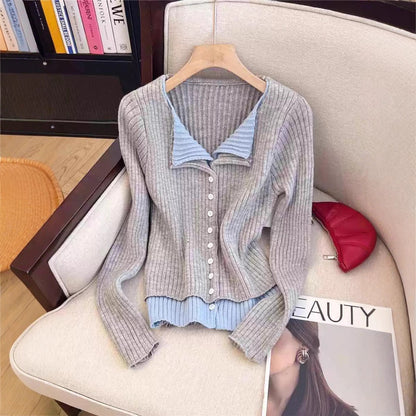 Color Block Two-Piece Lapel Long Sleeve Knit Cardigan Women's Slimming Sweater Inner Wear