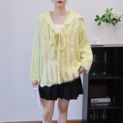 Design Sense Mink Fur Three-Dimensional Flower Knitted Cardigan Women's Cute Sweet Sweater Jacket