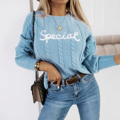 Casual Crew Neck Knit Sweater with Letter Embroidery