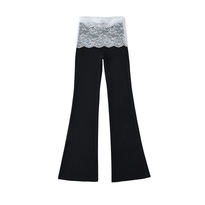 Lace patchwork contrasting high waisted micro flared pants