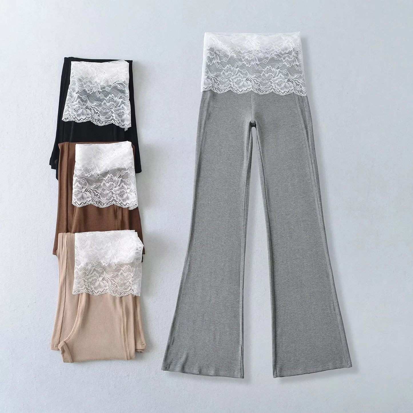 Lace patchwork contrasting high waisted micro flared pants