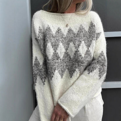 Casual One-Shoulder Pullover Sweater with Color Block Diamond Pattern Knitted Top