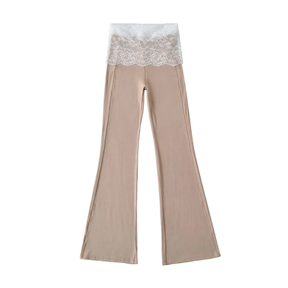 Lace patchwork contrasting high waisted micro flared pants