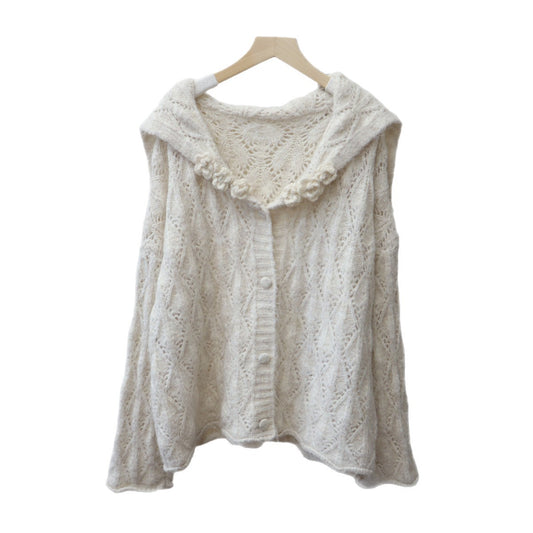 Hollow-out Three-dimensional Flower Collar Knit Cardigan Version Loose Soft Sweater Jacket for Women