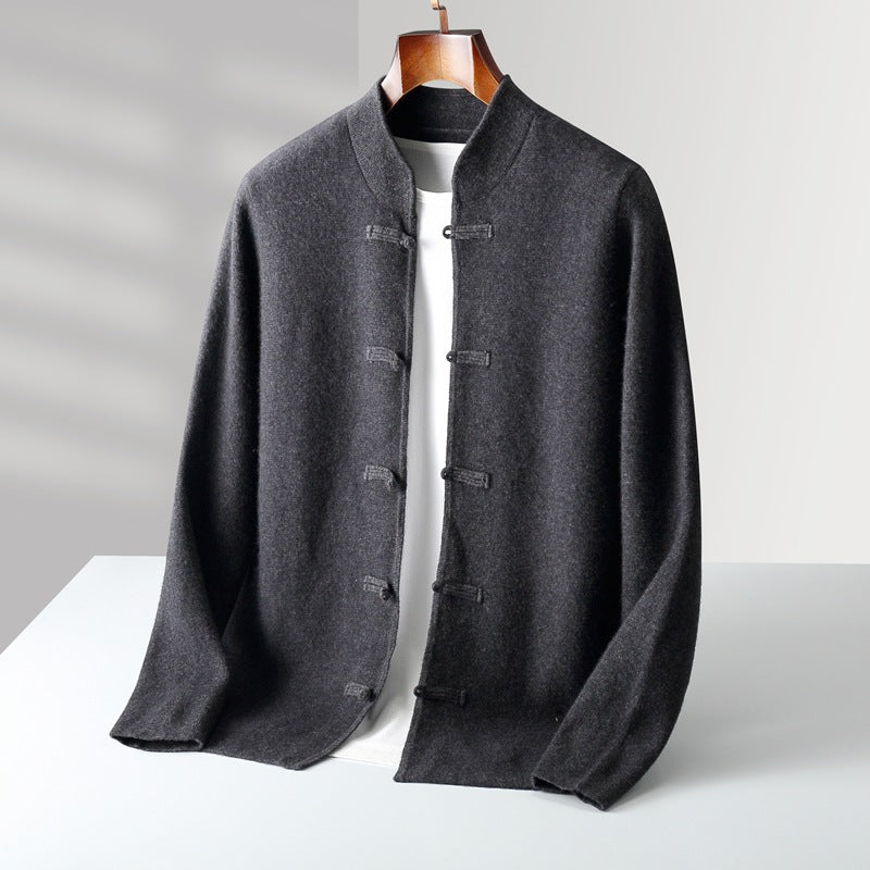 Pure wool sweater long sleeved men's loose and thick stand up collar knitted cardigan jacket