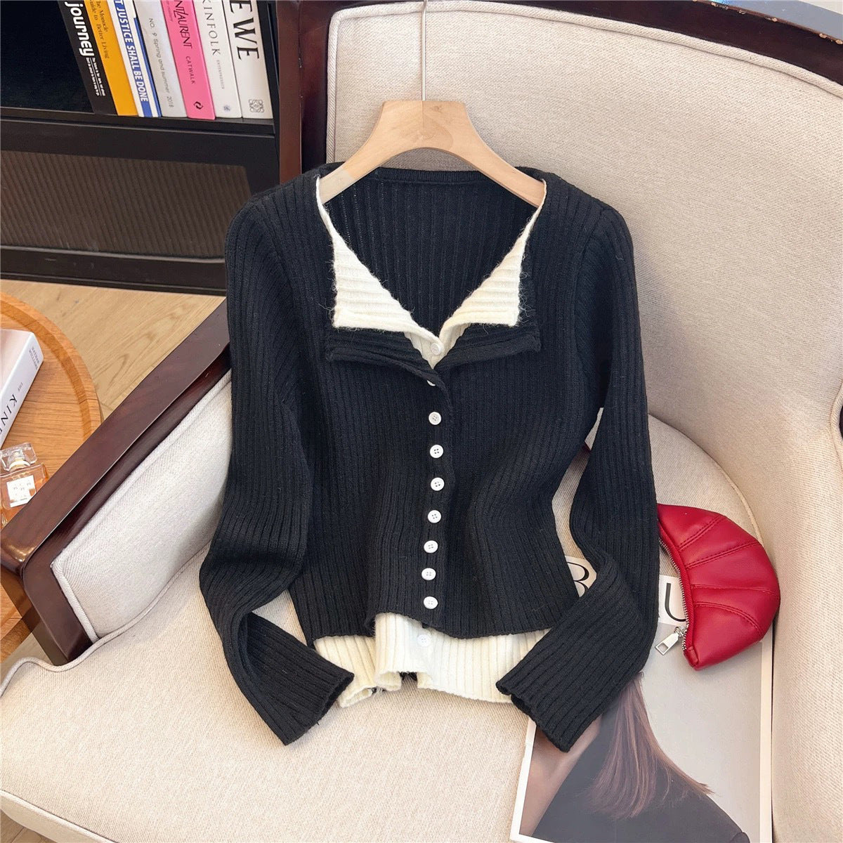 Color Block Two-Piece Lapel Long Sleeve Knit Cardigan Women's Slimming Sweater Inner Wear