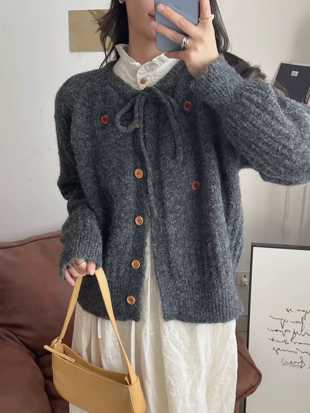 Design Embroidered Round Neck Belted Knitted Cardigan Women Loose Slimming Age-Reducing Sweater Jacket