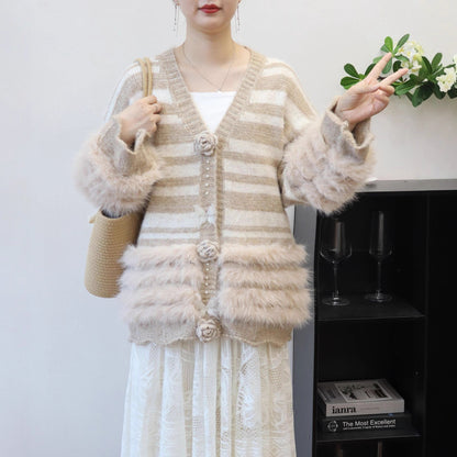 Heavy Work Imitation Mink Fur Three-Dimensional Flower Sweater Coat Women Loose Design Knitted Cardigan