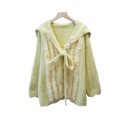 Design Sense Mink Fur Three-Dimensional Flower Knitted Cardigan Women's Cute Sweet Sweater Jacket