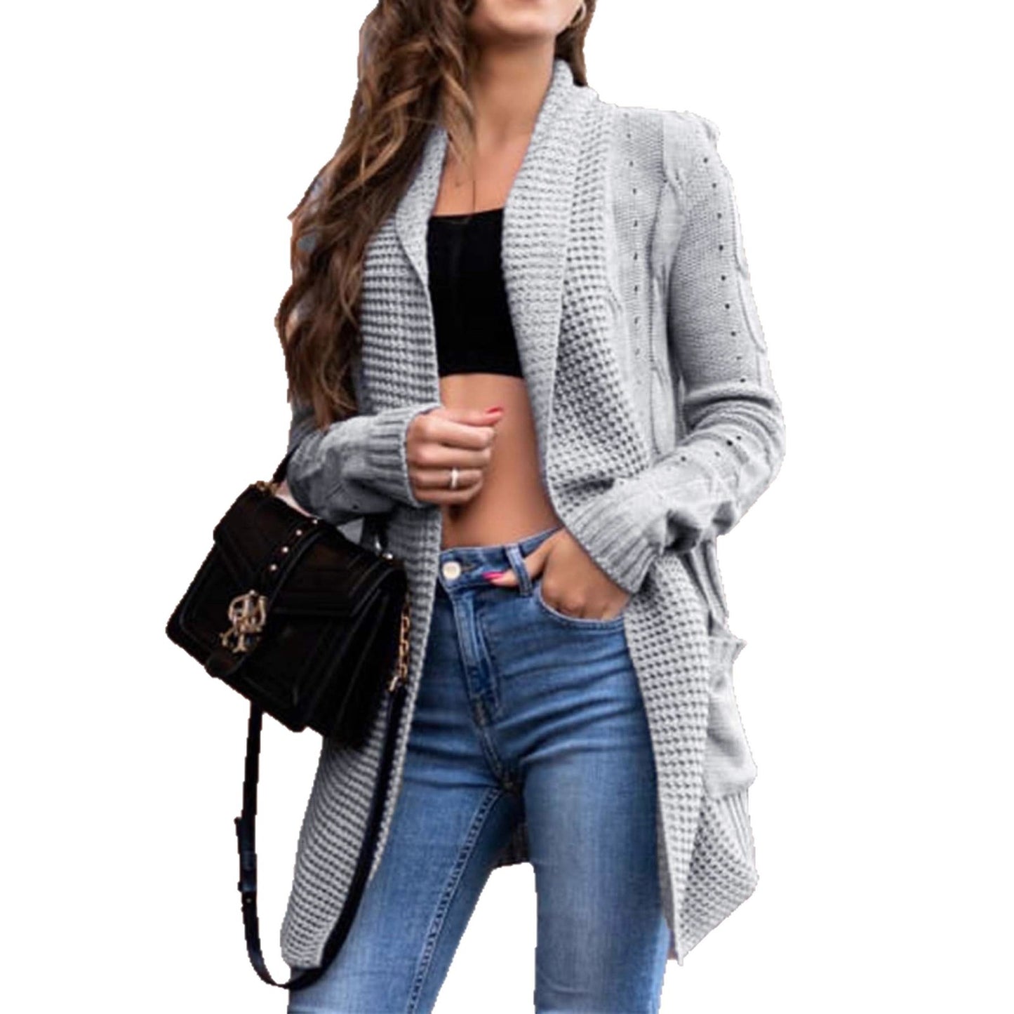 Women's Solid Color Pocket Knit Sweater Fashion Casual Long Sleeve Buttonless Sweater Jacket