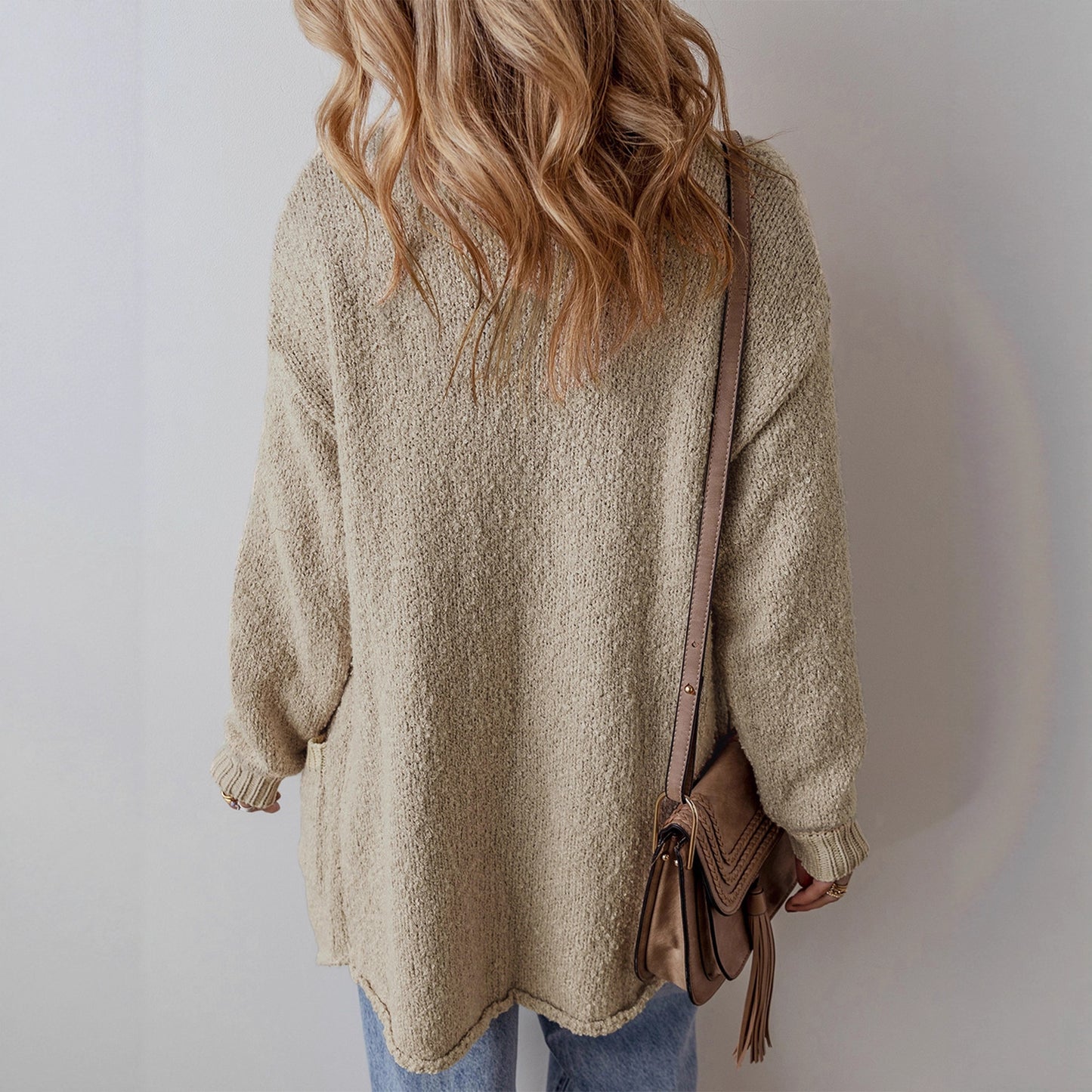 Lazy Style Drop Shoulder Knit Cardigan for Women  Casual Versatile Mid-Length Open-Front Sweater