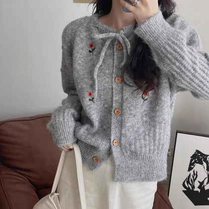 Design Embroidered Round Neck Belted Knitted Cardigan Women Loose Slimming Age-Reducing Sweater Jacket