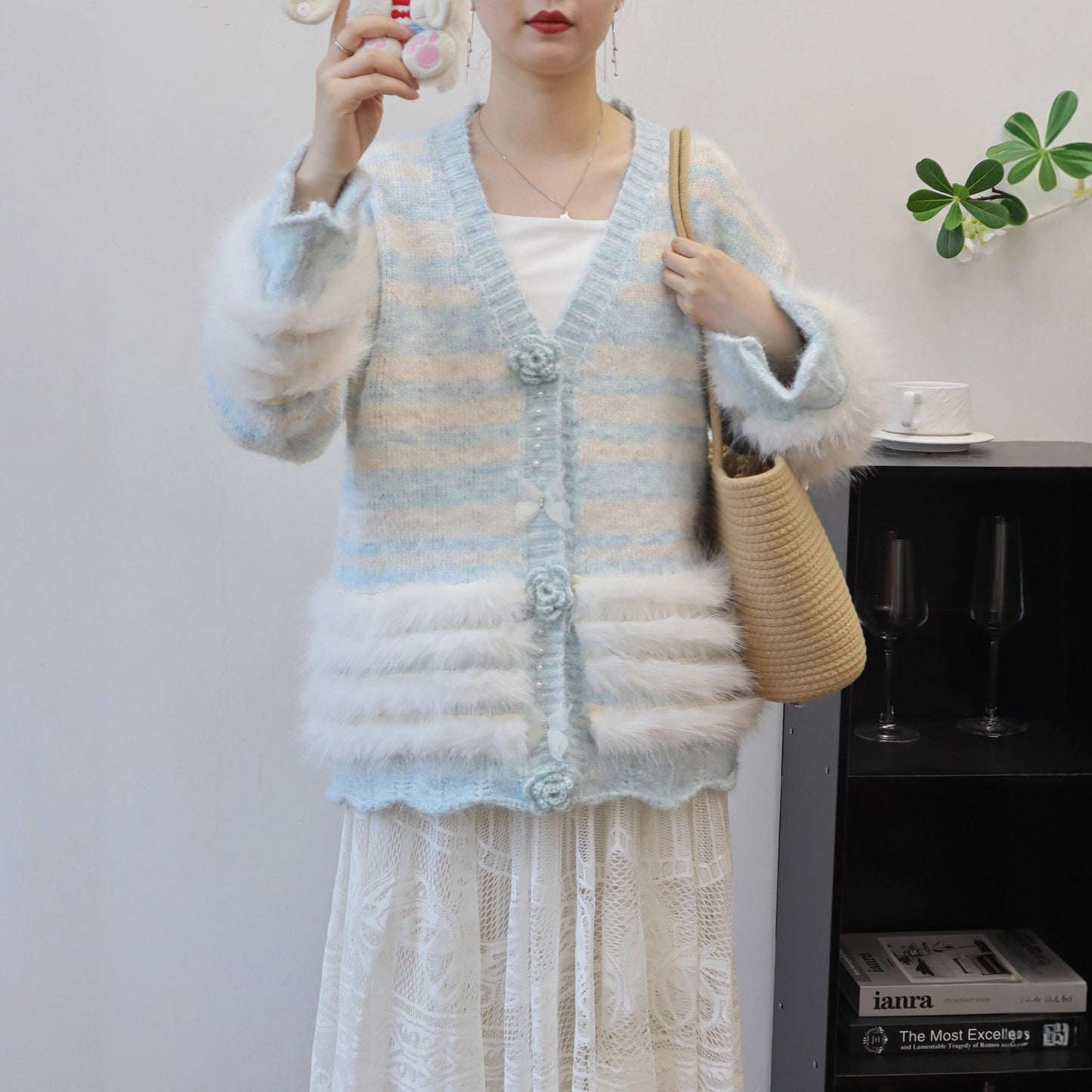 Heavy Work Imitation Mink Fur Three-Dimensional Flower Sweater Coat Women Loose Design Knitted Cardigan