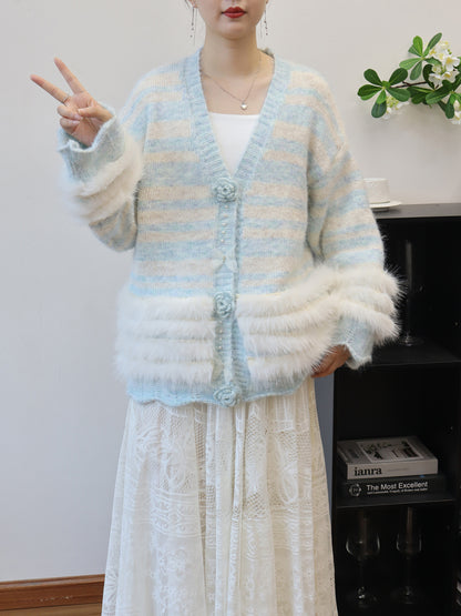 Heavy Work Imitation Mink Fur Three-Dimensional Flower Sweater Coat Women Loose Design Knitted Cardigan