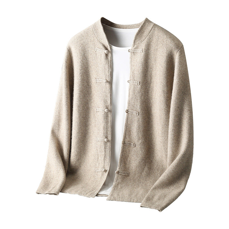 Pure wool sweater long sleeved men's loose and thick stand up collar knitted cardigan jacket