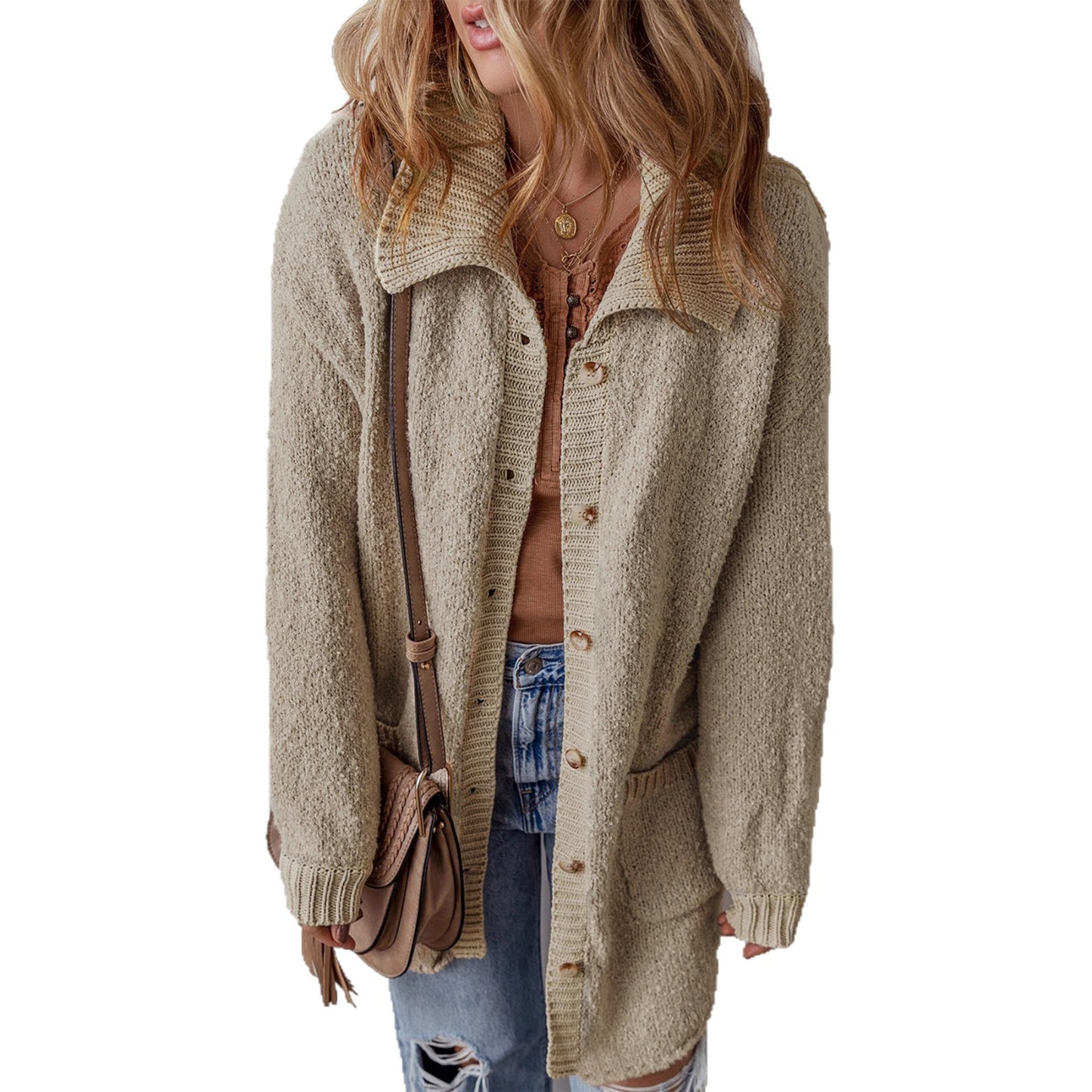 Lazy Style Drop Shoulder Knit Cardigan for Women  Casual Versatile Mid-Length Open-Front Sweater