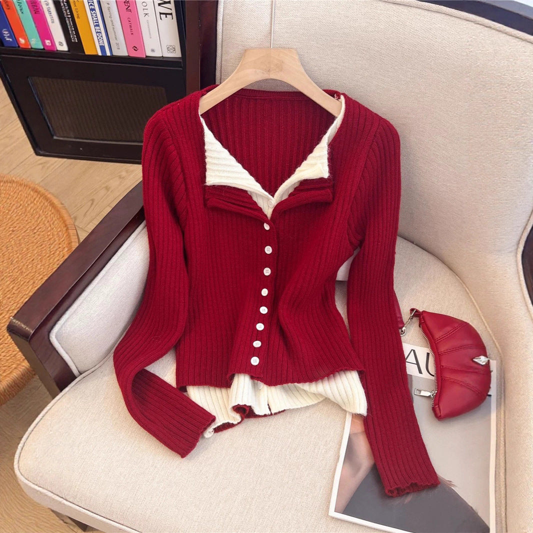 Color Block Two-Piece Lapel Long Sleeve Knit Cardigan Women's Slimming Sweater Inner Wear