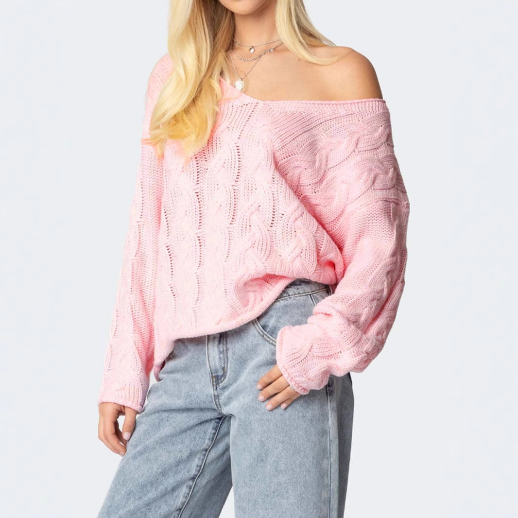 Pure Color Loose Lazy Style V-Neck Cable Knit Sweater Women's Top