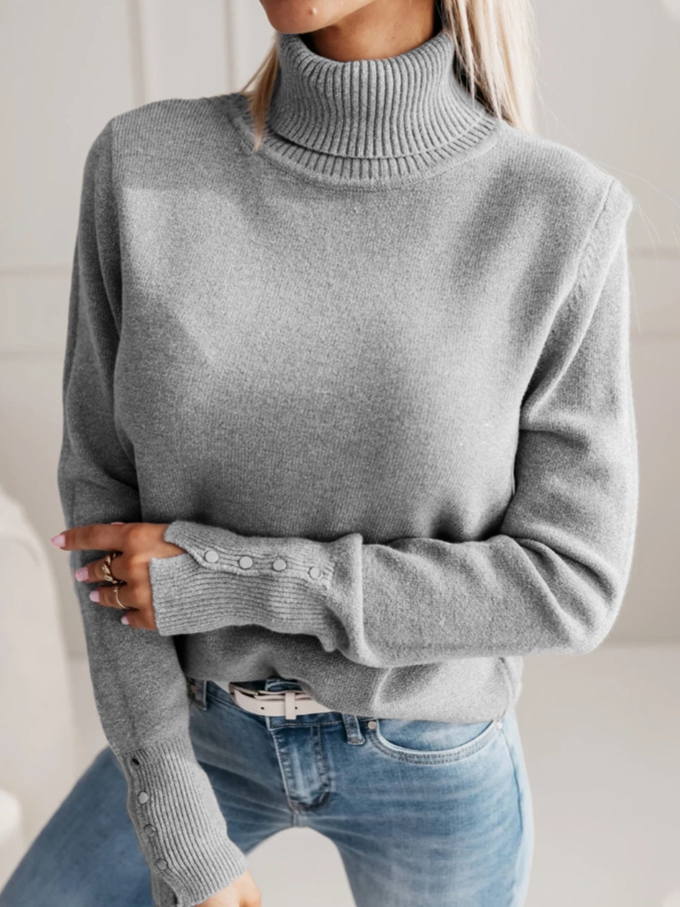 Elegant Notched Collar Knit Sweater with Solid Color Buttons Pullover Top