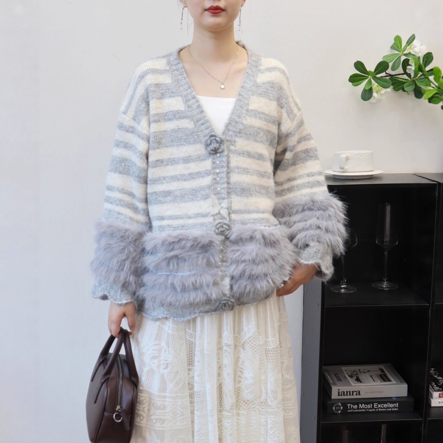 Heavy Work Imitation Mink Fur Three-Dimensional Flower Sweater Coat Women Loose Design Knitted Cardigan