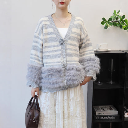 Heavy Work Imitation Mink Fur Three-Dimensional Flower Sweater Coat Women Loose Design Knitted Cardigan