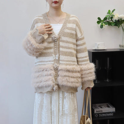 Heavy Work Imitation Mink Fur Three-Dimensional Flower Sweater Coat Women Loose Design Knitted Cardigan