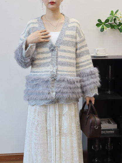 Heavy Work Imitation Mink Fur Three-Dimensional Flower Sweater Coat Women Loose Design Knitted Cardigan