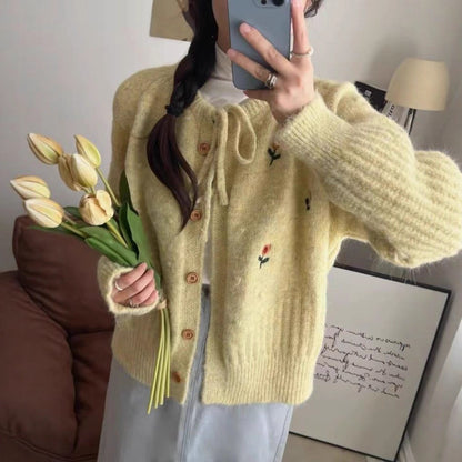 Design Embroidered Round Neck Belted Knitted Cardigan Women Loose Slimming Age-Reducing Sweater Jacket
