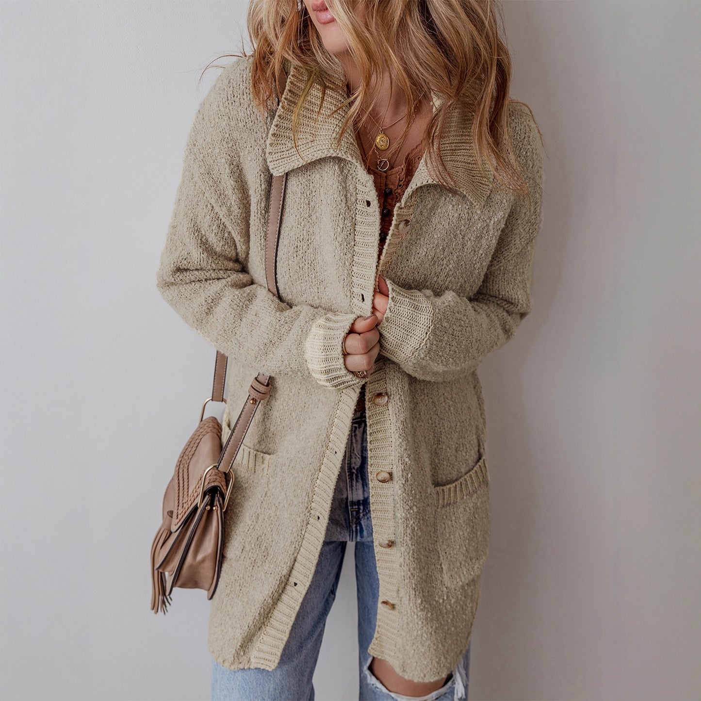 Lazy Style Drop Shoulder Knit Cardigan for Women  Casual Versatile Mid-Length Open-Front Sweater