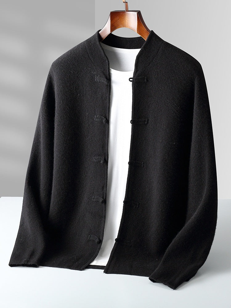Pure wool sweater long sleeved men's loose and thick stand up collar knitted cardigan jacket