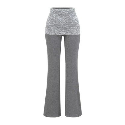 Lace patchwork contrasting high waisted micro flared pants