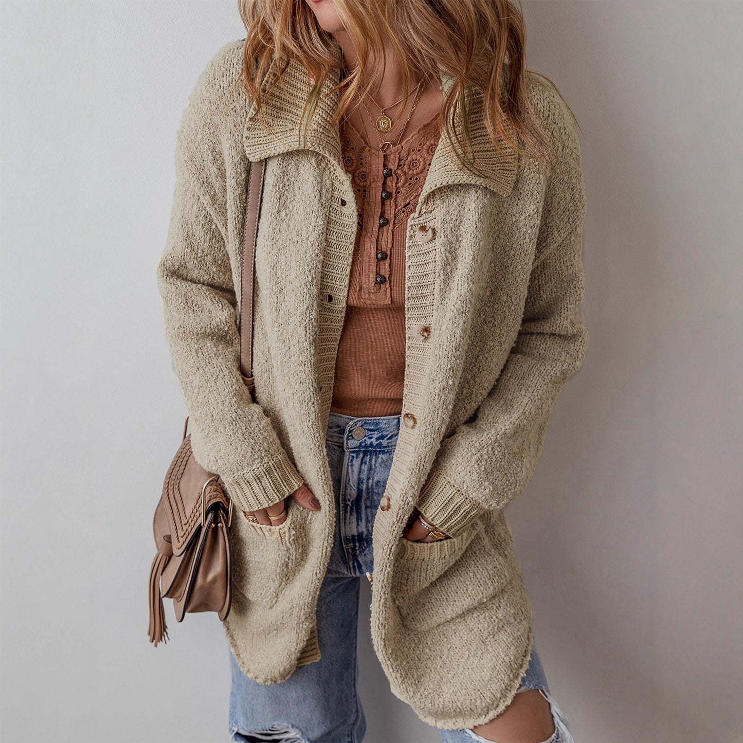 Lazy Style Drop Shoulder Knit Cardigan for Women  Casual Versatile Mid-Length Open-Front Sweater