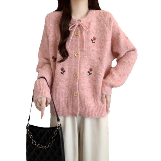 Design Embroidered Round Neck Belted Knitted Cardigan Women Loose Slimming Age-Reducing Sweater Jacket
