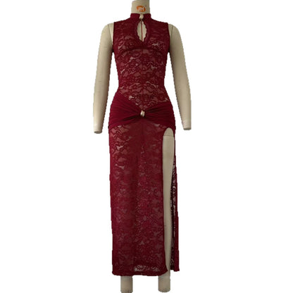 Hollow out high slit slim fit sleeveless dress for women