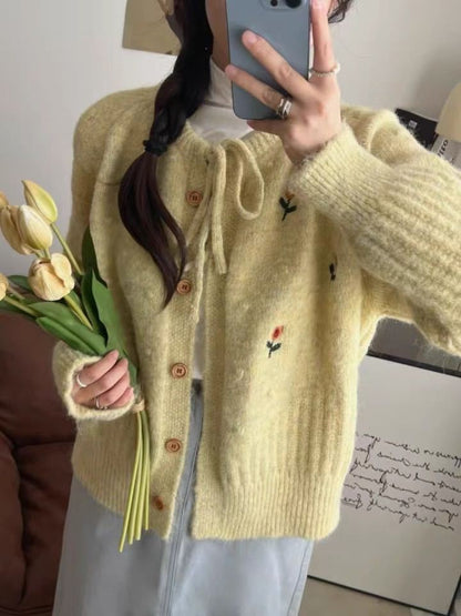 Design Embroidered Round Neck Belted Knitted Cardigan Women Loose Slimming Age-Reducing Sweater Jacket