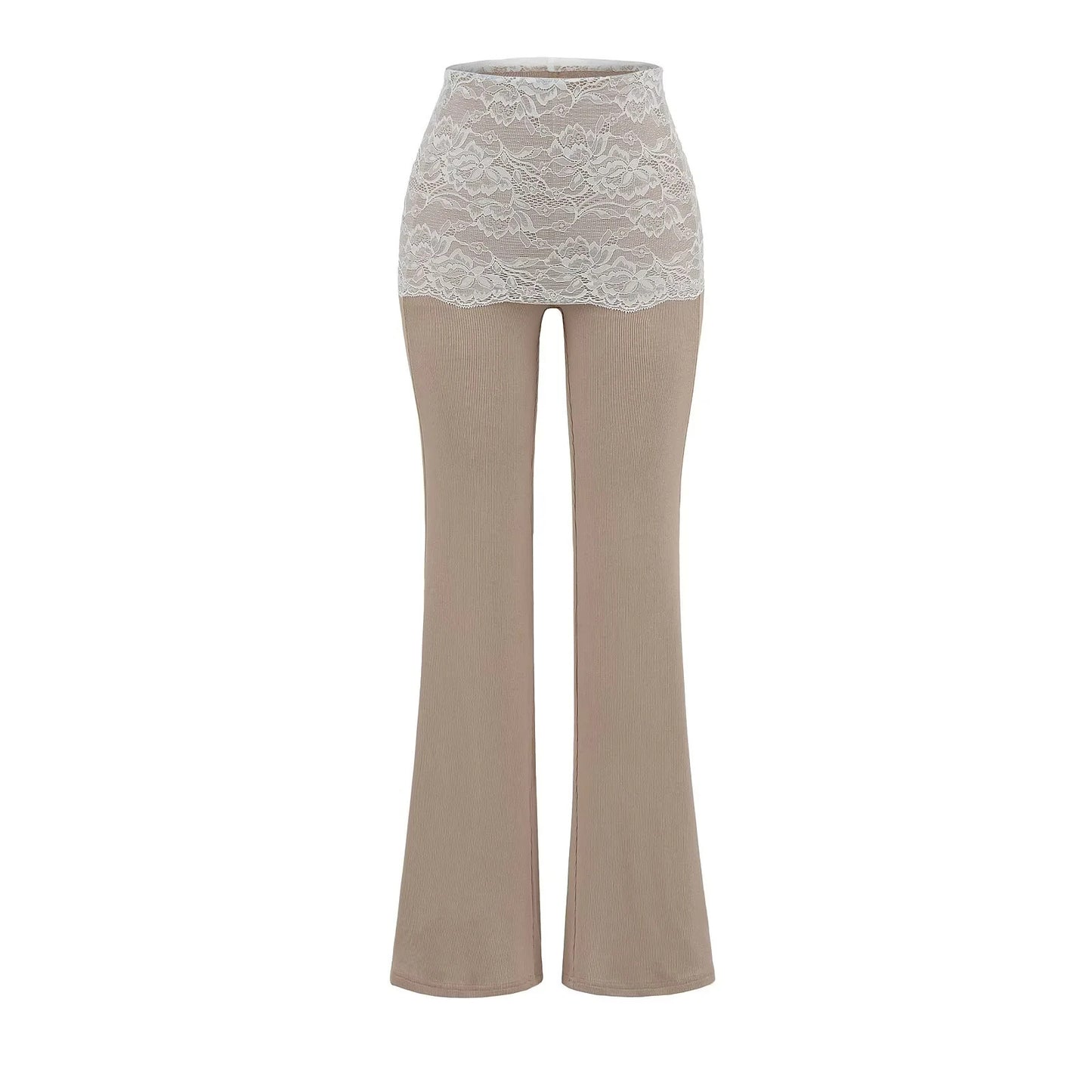 Lace patchwork contrasting high waisted micro flared pants