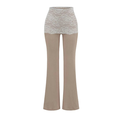 Lace patchwork contrasting high waisted micro flared pants