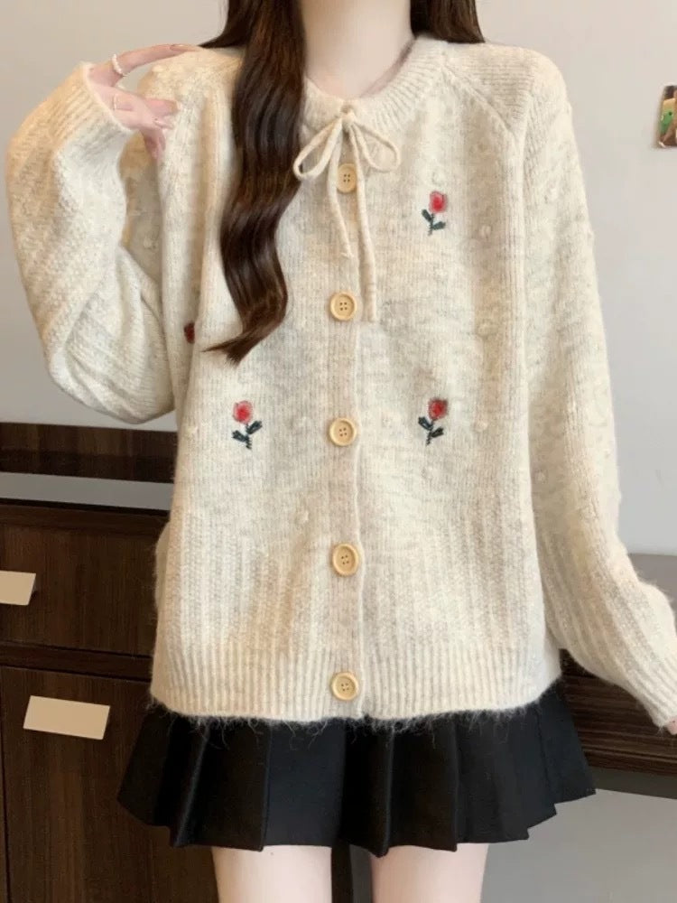 Design Embroidered Round Neck Belted Knitted Cardigan Women Loose Slimming Age-Reducing Sweater Jacket