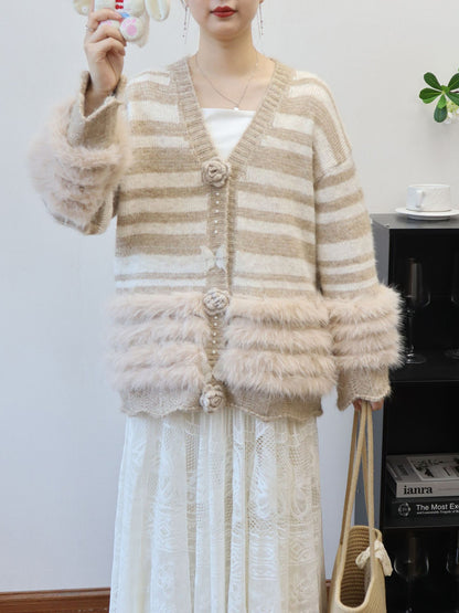 Heavy Work Imitation Mink Fur Three-Dimensional Flower Sweater Coat Women Loose Design Knitted Cardigan