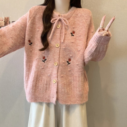 Design Embroidered Round Neck Belted Knitted Cardigan Women Loose Slimming Age-Reducing Sweater Jacket