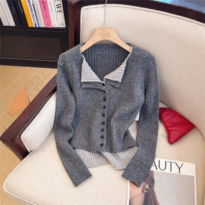 Color Block Two-Piece Lapel Long Sleeve Knit Cardigan Women's Slimming Sweater Inner Wear