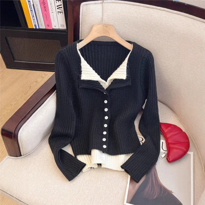 Color Block Two-Piece Lapel Long Sleeve Knit Cardigan Women's Slimming Sweater Inner Wear