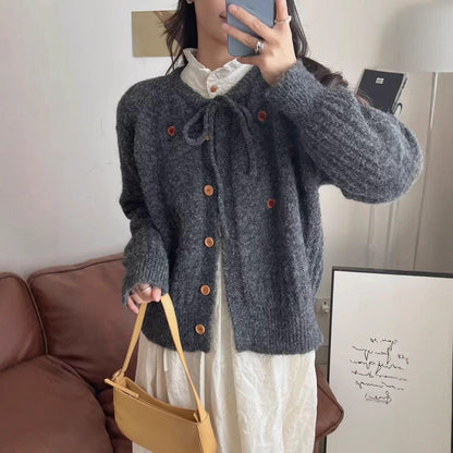 Design Embroidered Round Neck Belted Knitted Cardigan Women Loose Slimming Age-Reducing Sweater Jacket