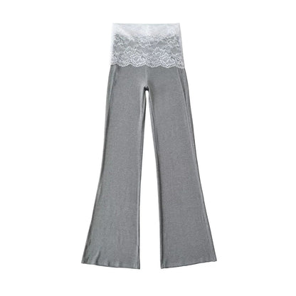 Lace patchwork contrasting high waisted micro flared pants