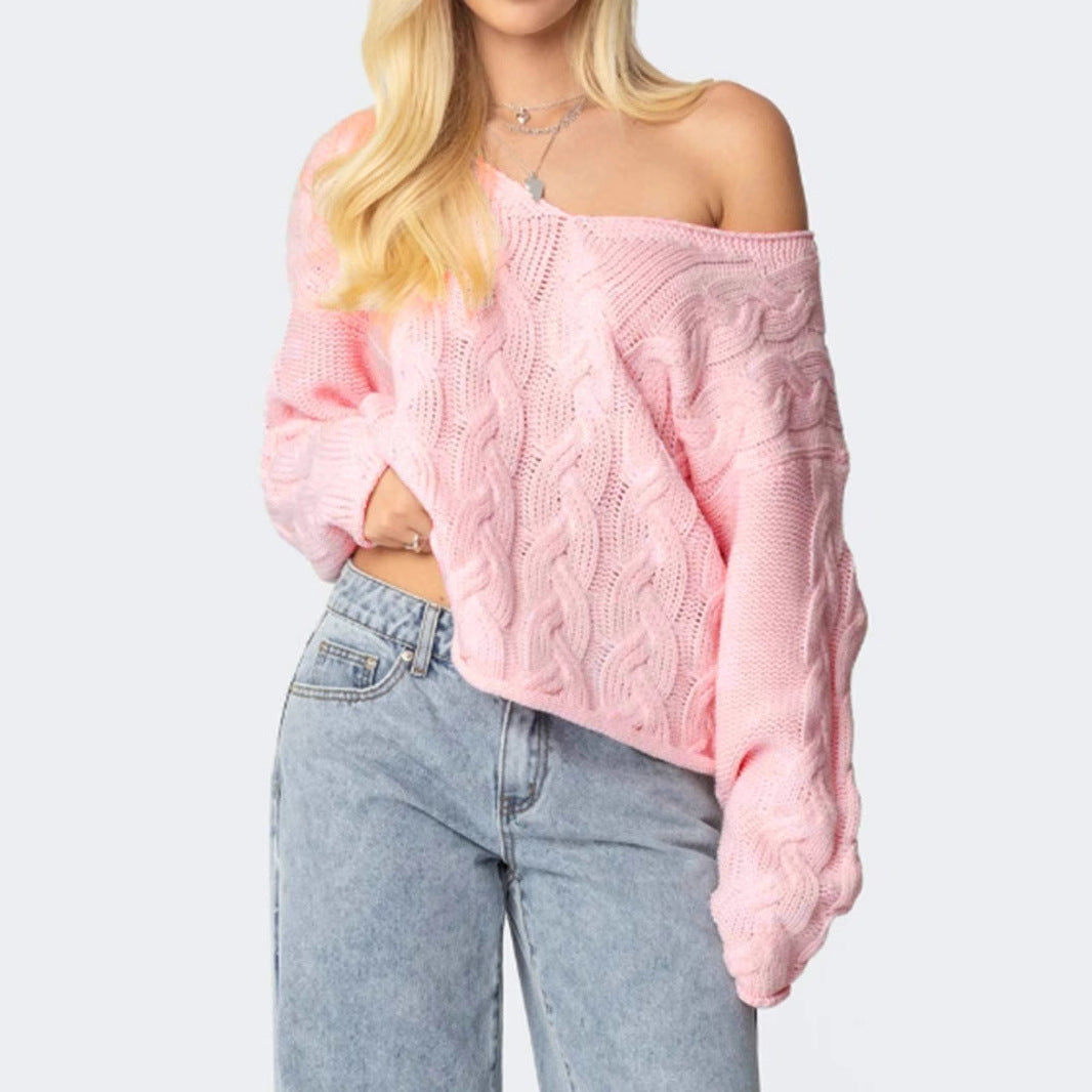 Pure Color Loose Lazy Style V-Neck Cable Knit Sweater Women's Top