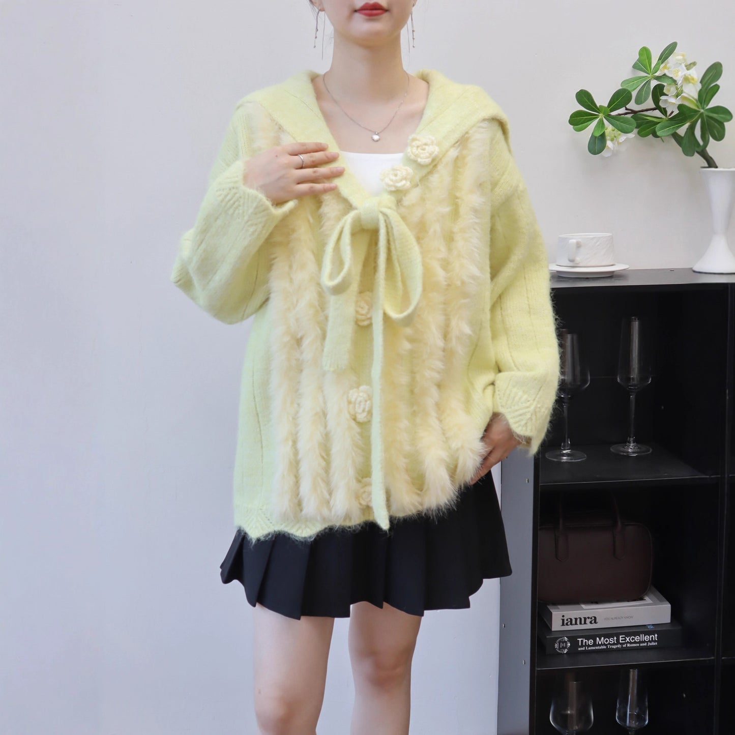 Design Sense Mink Fur Three-Dimensional Flower Knitted Cardigan Women's Cute Sweet Sweater Jacket