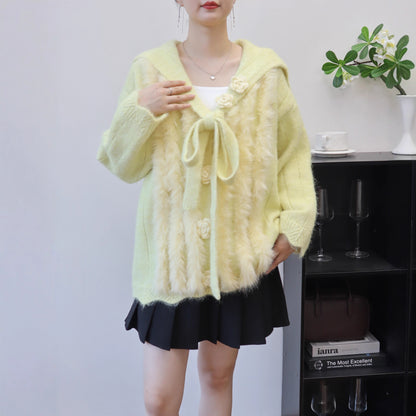 Design Sense Mink Fur Three-Dimensional Flower Knitted Cardigan Women's Cute Sweet Sweater Jacket