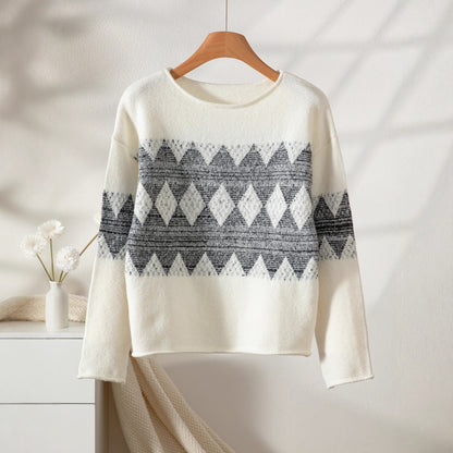 Casual One-Shoulder Pullover Sweater with Color Block Diamond Pattern Knitted Top